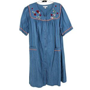 Go Softly Chambray Ladybug Embroidered Patio Dress 2X Snap Front Boho Relaxed